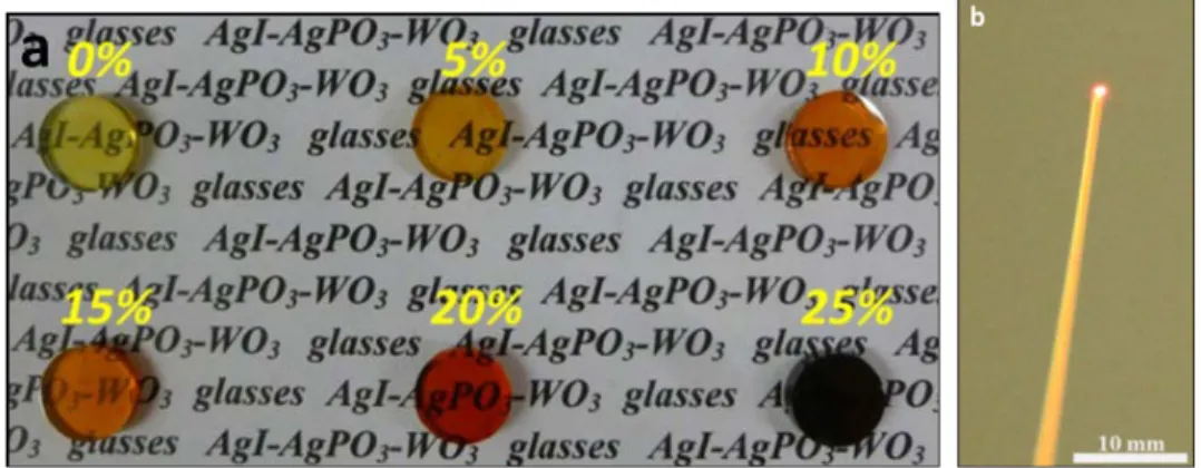 Figure 5 – Photographie des verres AAWx (a) et d’une fibre de composition AAW15  (b) [26] 