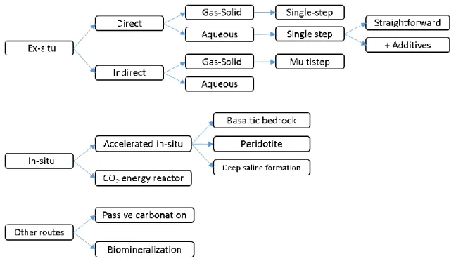 Figure 1-3. The summarization of researched and proposed mineral carbonation  technologies [42]