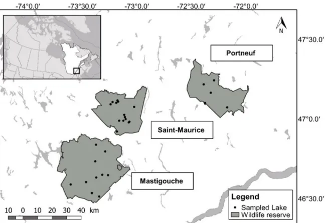 Figure 1. Geographical locations of sampled lakes in three wildlife reserves  in the province of Québec, Canada for this study on brook charr