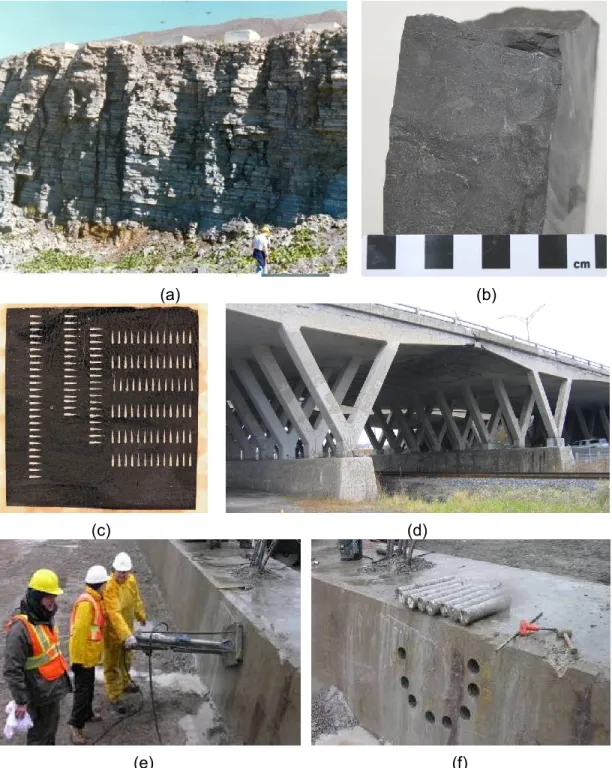 Figure 3.3 (a) Typical sequence of Trenton limestones (Neuville formation) in a quarrying operation  of the Québec City area; (b) Dark-grey and fine-grained limestone sample selected for micro-scratch  testing; (c) Small rock slab 30x30mm in size, cut from