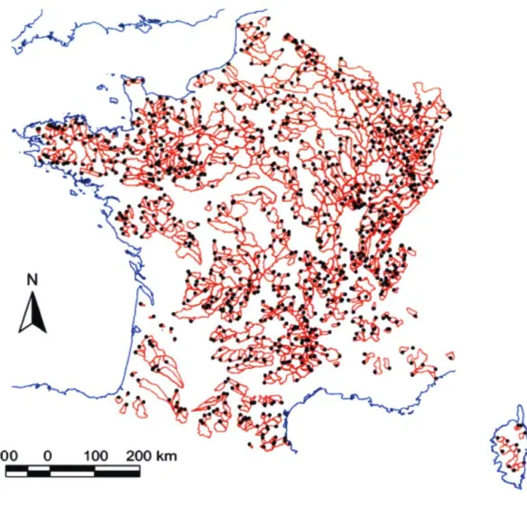 Fig. 7. Location of the 1061 gauging stations and corresponding catchment boundaries (Le Moine, 2008)