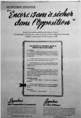 Figure  16 :  «  Encore  15  ans  à  sécher  dans  l’opposition  »,  (1956),  Publicité,  impression  sur  papier, Montréal, (Image tirée de La Patrie, 15 juin  1956, pp