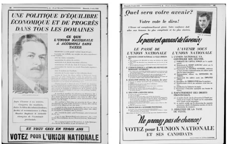 Figure  1 :  « L’honorable  Maurice  Duplessis Chef de l’Union Nationale  sollicite votre vote pour son candidat  dans votre comté » (1944), Publicité,  impression  sur  papier,  Canada,  (Image  tirée  de  La  Patrie,  6  août  1944 – Édition nationale, p