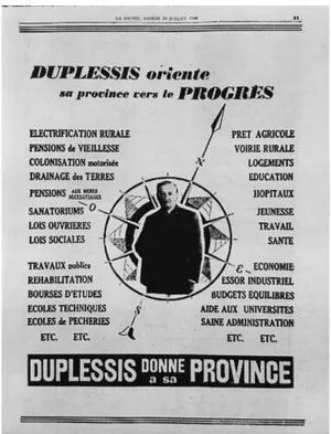 Figure  5 :  «  Duplessis  oriente  sa  province  vers  le  progrès  »,  (1948),  Publicité,  impression  sur  papier,  Montréal, (Image tirée de La Patrie, 19 juillet 1948,  p