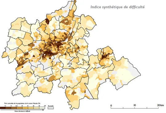 Figure 1.8 – Indice synthétique de difficulté des quartiers pour  la région urbaine liégeoise (SPP-IS, 2015)