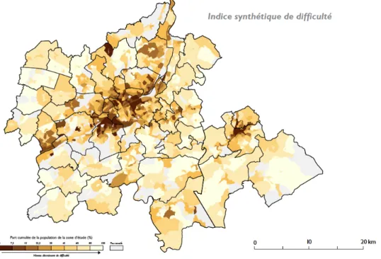 Figure 1.8 – Indice synthétique de difficulté des quartiers pour  la région urbaine liégeoise (SPP-IS, 2015)