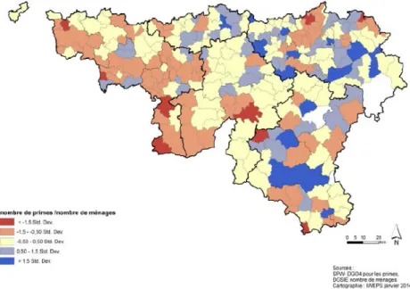 Figure 1.10 – Taux par ménage du nombre de dossiers relatifs à l’isolation de la toiture  introduits via le système classique des primes pour chaque commune (Source : IWEPS, 2014)