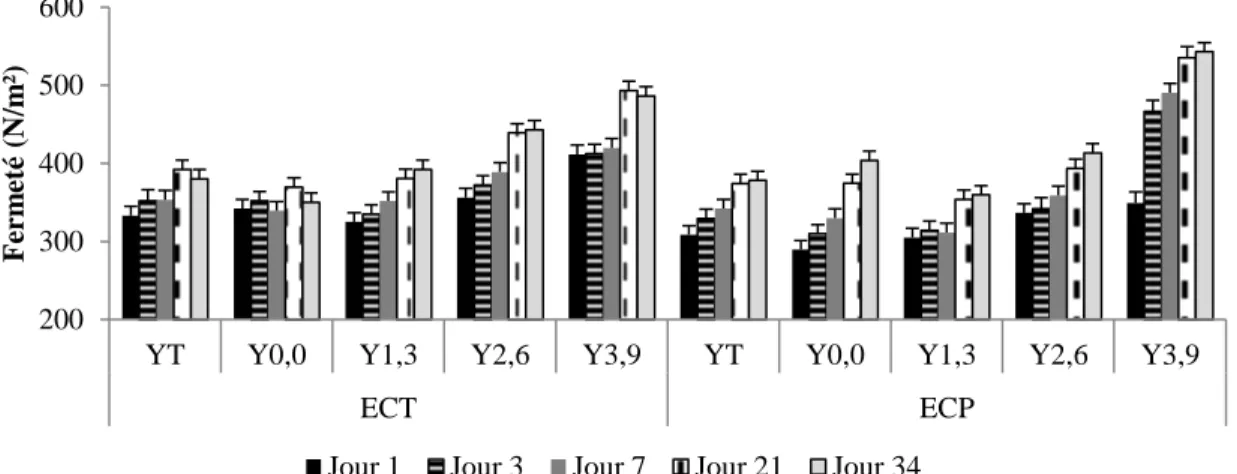 Figure 2.6 : Évolution de la fermeté pour les yogourts brassés à 14 (YT) et 16,5 % (Y0,0)  de solides totaux sans gras et les yogourts brassés à 16,5 % de solides totaux contenant 1,3  (Y1,3),  2,6  (Y2,6)  et  3,9  %  (Y3,9)  de  matières  grasses,  refro