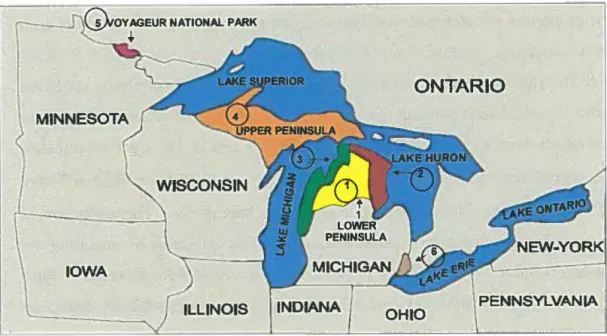 Figure  1  : Distribution of eagle  nests  sampled. The  location  of the sampling sites  were:  the area around the lower Peninsula in Michigan,  1)  Lower Peninsula (LP); 