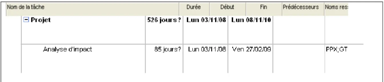 Figure 12 : Extrait du planning OPERA pour la phase analyse d’impact 