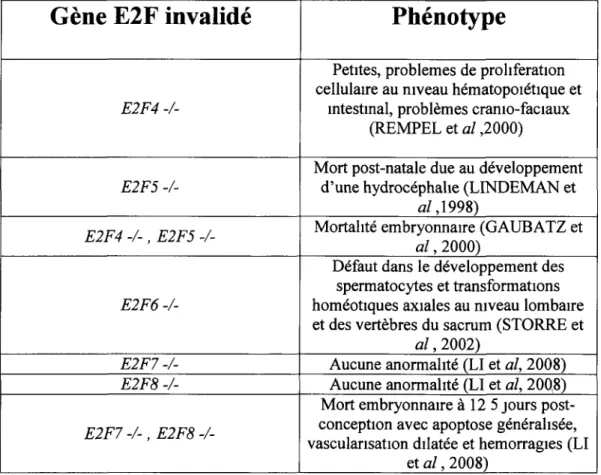 TABLEAU 1 (smte) : RÉSUMÉ DES PHÉNOTYPES OBSERVÉS CHEZ LES  SOURIS DONT LES GÈNES E2F SONT INVALIDÉS 