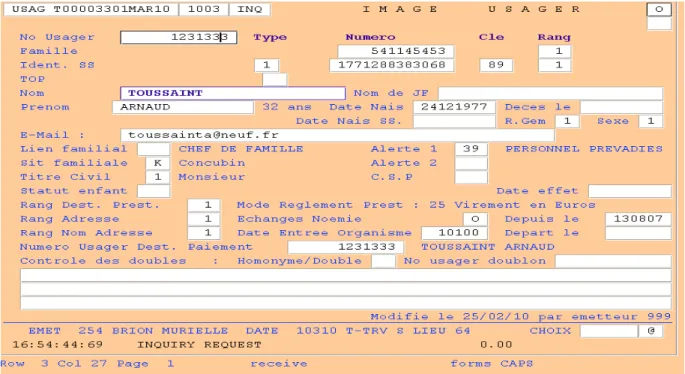 Figure 13 : l'écran Mutualinc de gestion des usagers                                                        