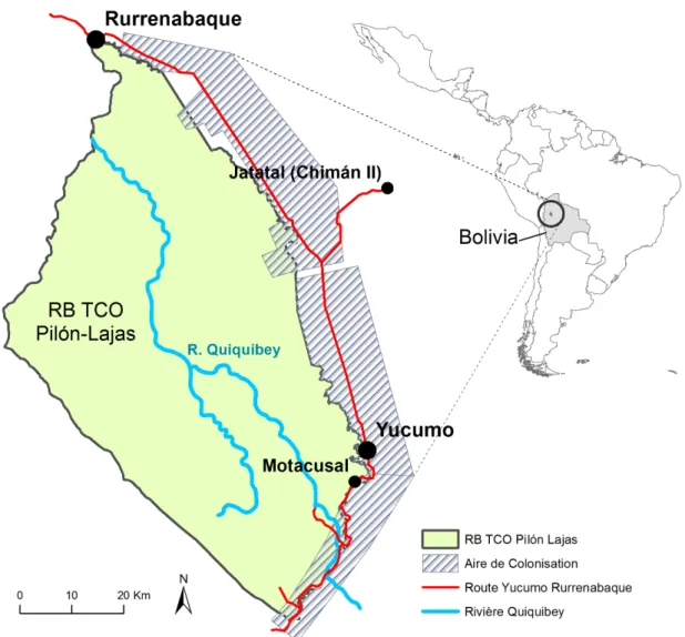 FIGURE 1 – A gauche Le Pilon Lajas, la route Yucumo Rurrenabaque et à droite l’aire de colonisation