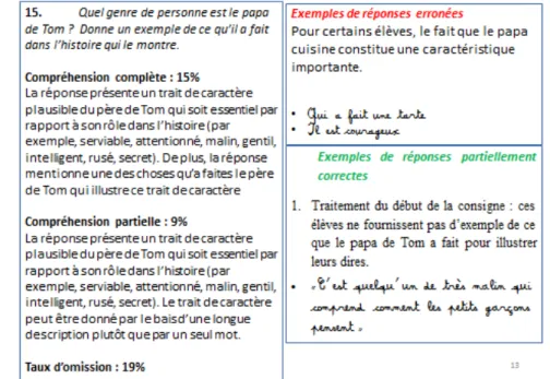 Figure 1. Extrait de l’analyse d’erreurs menée au départ du texte La Tarte Anti-Ennemi : question 15