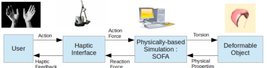 Figure 3.1: The global pipeline of our interaction. The user applies a force on the haptic interface