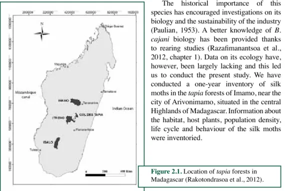 Figure 2.1. Location of tapia forests in  Madagascar (Rakotondrasoa et al., 2012).