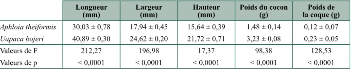 tableau 3.3. Caractéristiques dimensionnelles et poids des cocons de Borocera cajani élevés sur les  deux types de plantes hôtes.
