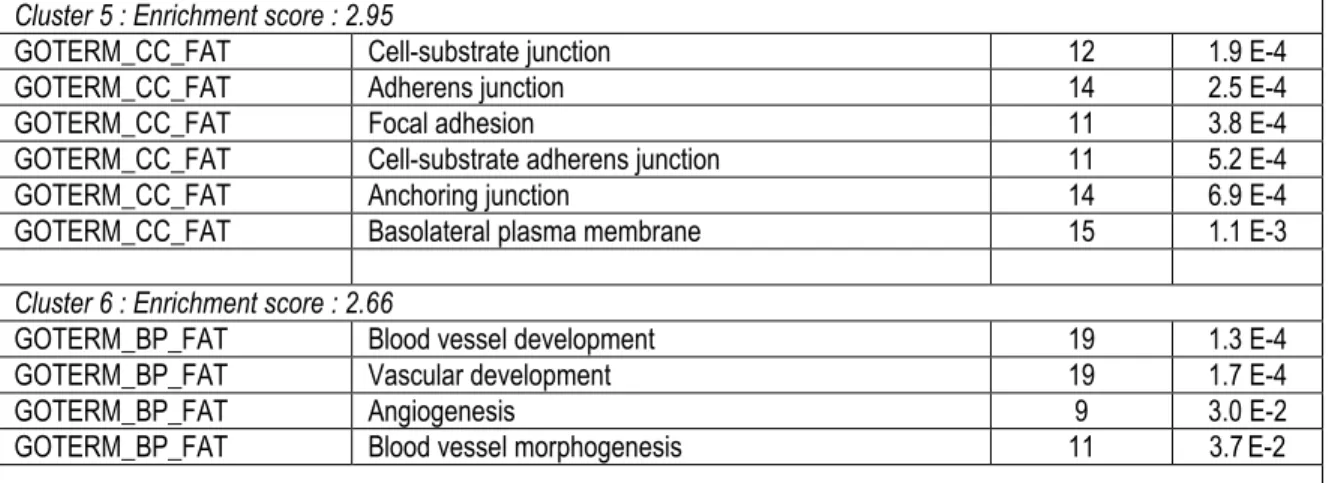 Tableau 2 :Results of functional annotations clustering analysis performed with the DAVID  database for the six clusters with the highest enrichment score and that are noteworthy for  interpreting the estimated role of MVs