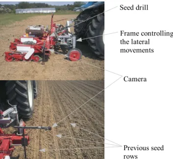 Figure 1 : Experimental set up used for the field tests.  The seed drill was coupled to a frame allowing lateral movements relatively to the tractor, which pull the whole