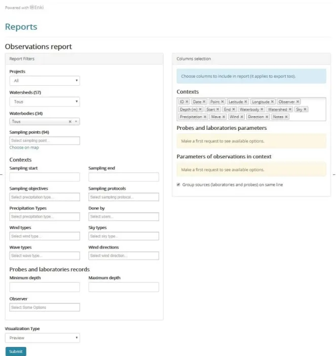 Figure 8: Screen image of Enki observations report data download tool. Observations reports are exportable as a tabular  document and based on selected contexts 