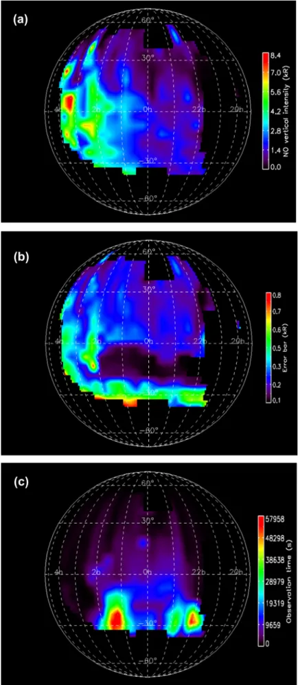 Fig. 5. Global brightness, error and statistics maps. Panels a, b, and c are the global maps for intensity value, error bars and statistics, respectively