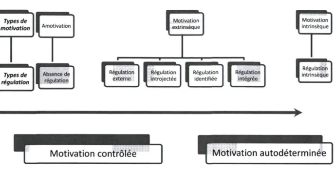 Figure 1 : Continuum de l'autodétermination incluant les types de motivation et de  régulation selon la théorie de l'autodétermination de Deci et Ryan (1985, 2000) 