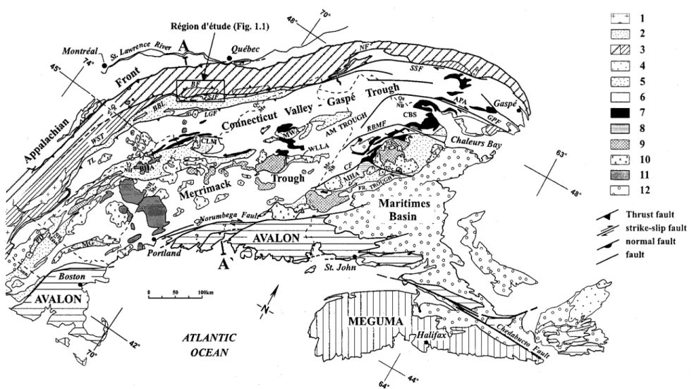 Figure  1.2  :  Carte  géologique  des  Appalaches  du  Nord  (Canada  continental  et  Nouvelle-Angleterre)