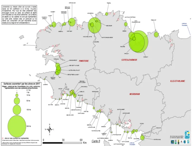 Figure 3.2 Total des surfaces couvertes par les ulves en Bretagne lors de la saison 2017   (tiré de : Observatoire de l’environnement en Bretagne, 2017) 