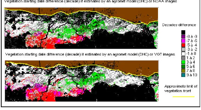 Figure 2 : Comparison between the sowing dates estimated by remote sensing (NOAA and VEGETATION) and DHC_CP (agrometeorological model)