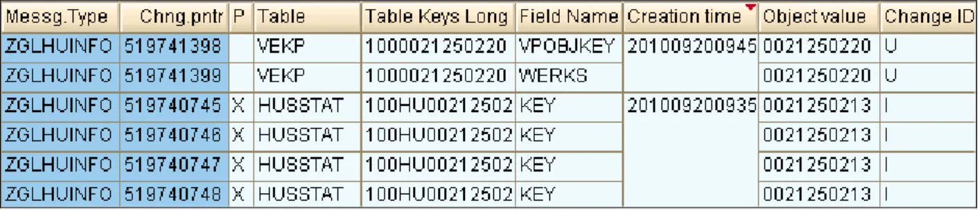 Illustration 17: Pointeurs de modification SAP écrits pour le type de message ZGLHUINFO