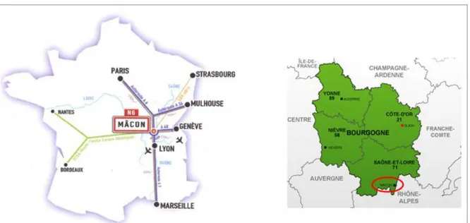 Figure 3.1 - La situation géographique de Mâcon dans le pays et dans la région Bourgogne  (inspiré de : Ville de Mâcon, 2011, p