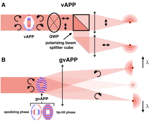 Figure 1. Sketches of (A) the vector Apodizing Phase Plate (vAPP) and (B) the grating vAPP (gvAPP).