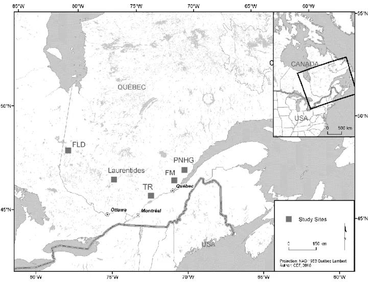 Fig 1. Five eastern Canadian boreal forest regions sampled in this study 