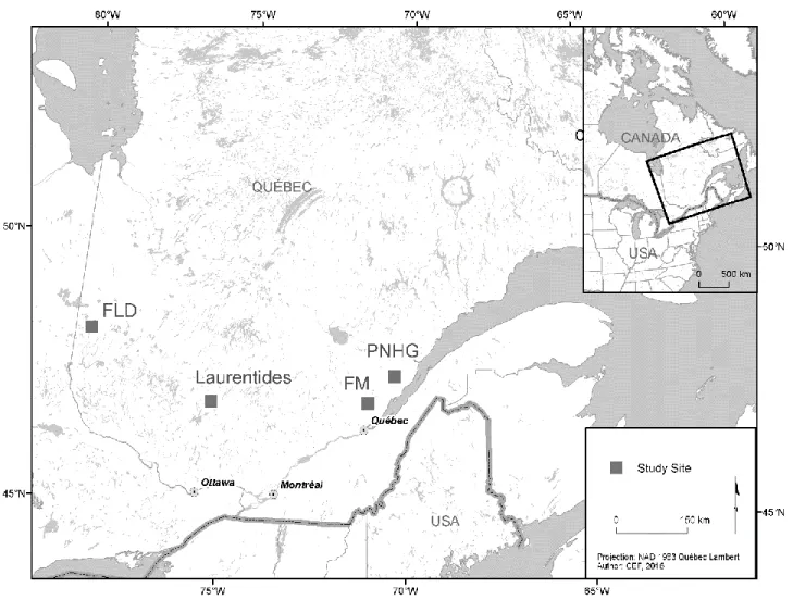 Fig. 1. Four eastern Canadian boreal forest regions sampled in this study 