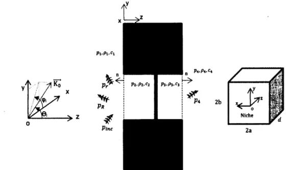 Figure 4.1:  System configuration. Left to right: acoustic wave number  projection, source side, niche, plate, niche, receiving side, niche dimensions.