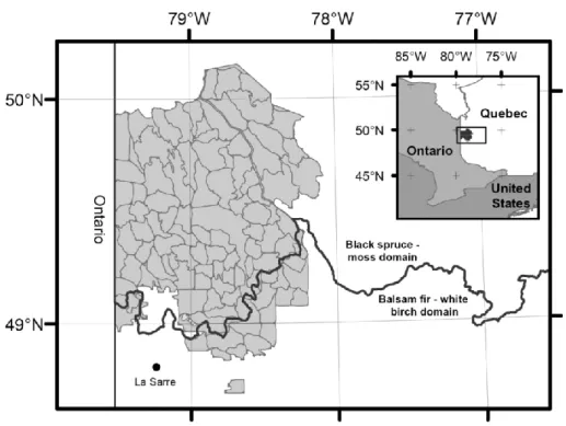 Figure 1.1. Location of study area Forest Management Unit 085-51. Grey polygons  correspond to operating areas (Belleau et al.2009)