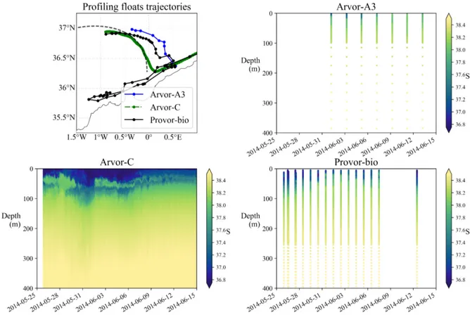 Figure 10. Profiling floats trajectories (top-left panel) and salinity from May 25 to June 15, 2014.