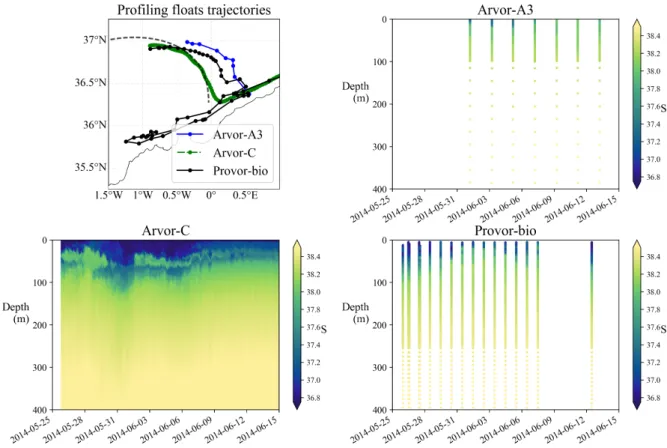 Figure 10. Profiling floats trajectories (top-left panel) and salinity from May 25 to June 15, 2014.