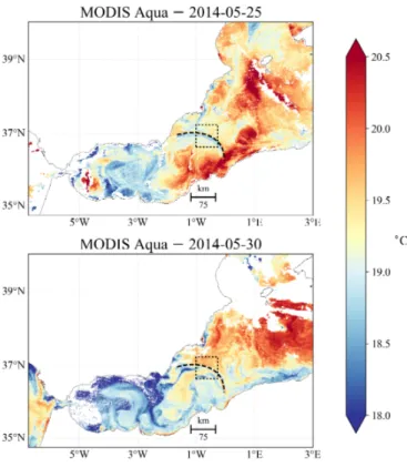 Figure 2. Sea surface temperature in the western Mediterranean Sea from MODIS sensor onboard Aqua satellite corresponding to May 25 and 30, 2014