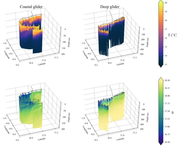 Figure 7. Temperature (top) and salinity measured by the two gliders. The approximative front position at the surface is shown as a dashed, grey line.