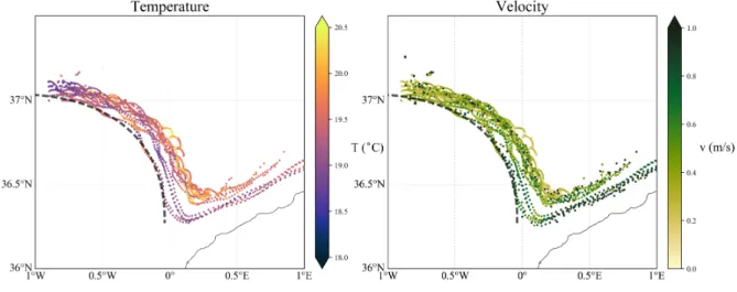 Figure 9. Drifter temperature (left-hand side) and velocity in the area of study.