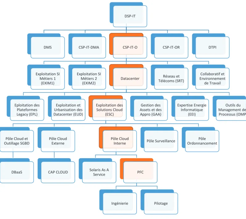 Figure 2 : Organisation de la direction des services partagés IT (DSP-IT) en 2014  Voici, selon les documents d’EDF, le rôle de chaque entité de la DSP-IT :  