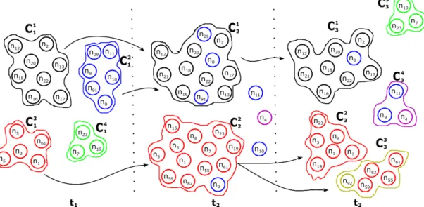 figure 1.5 – Suivi de l’évolution de sous-structures de graphes. Les séquences C 1 1 → C 2 1 → C 3 1 , C 1 2 → C 2 1 → C 3 1 , C 1 3 → C 2 2 → C 3 2 , C 1 3 → C 2 2 → C 3 3 illustrent l’évolution des sous-structures des graphes C 1 1 , C 1 2 et C 1 3 respe
