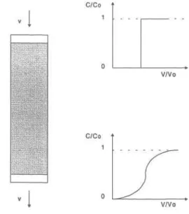 Figure 2.4  Courbe  de réponse  à I'injection d'un soluté  dans  une colonne où  C est la concentration  du soluté à la sortie de la colonne;