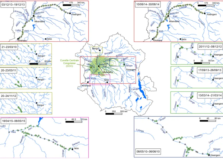 Figure 2. Map showing the sampling stations of the 10 field expeditions in the Congo River network.