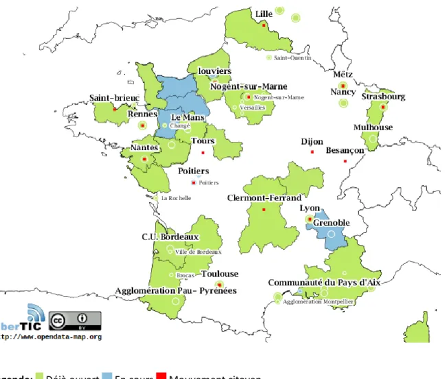 Figure 8 : Carte des dispositifs Open Data en France 