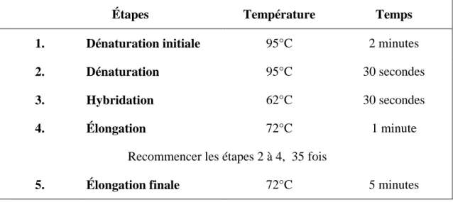 Tableau 2.3 : Paramètres PCR utilisés pour amplifier les séquences identifiées par  conservation d’espèces et par la base de données Fantom5  