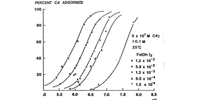 Figure 11  Courbes d'adsorption  du  cadmium  sur  un  solide amorphe  Fe(OH)r  en fonction  des variations  du pH  (Salomons et Fôrstner,  1984).