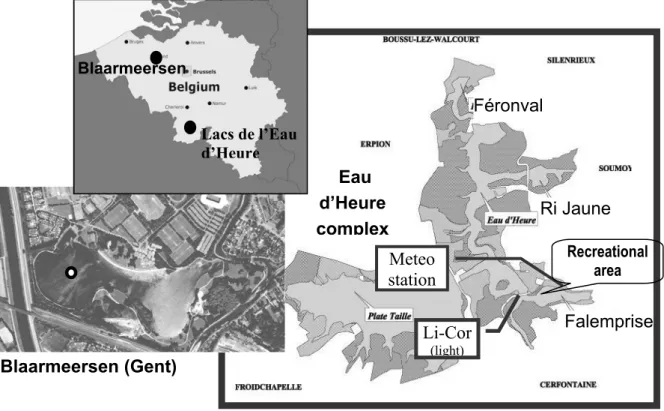 Figure 1: Reference lakes : in Flanders, lake Blaarmeersen (Gent), and in  Wallonia, lakes of Féronval, Ri Jaune and Falemprise, in the Eau d’Heure complex