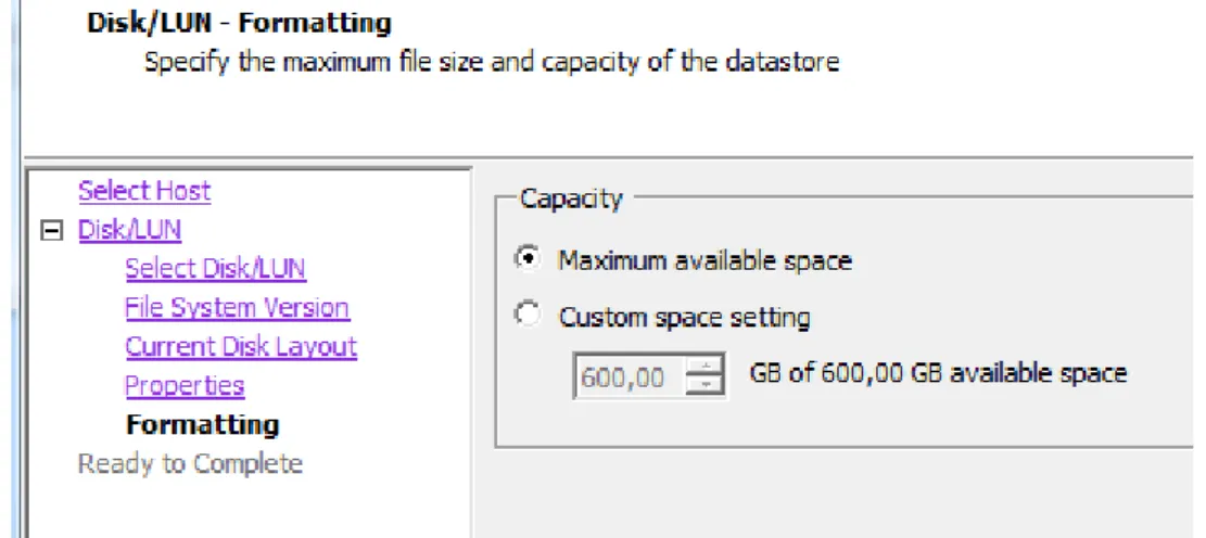 Figure 27 - Ajout du stockage dans vSphere, allocation de l'espace au datastore 